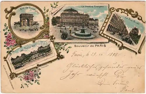 Paris 4 Bild Litho: Triumphbogen, Nationaltheater und Straßen 1898