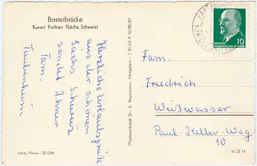 Ansichtskarte Rathen Basteibrücke - Sächsische Schweiz 1962