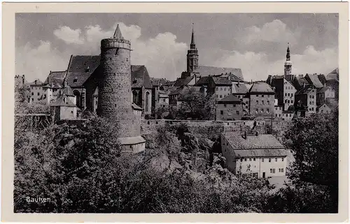 Bautzen Ansicht mit alter Wasserkunst, Petridom und Tum des Rathauses 1954