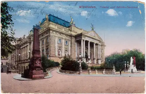 Ansichtskarte Wiesbaden Theater und Schiller-Denkmal 1925