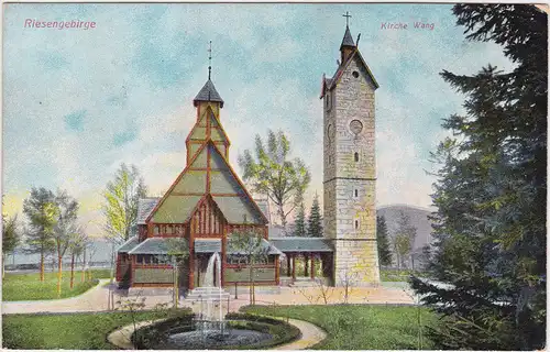 Krummhübel Karpacz Kirche Wang im Riesengebirge Springbrunnen 1912
