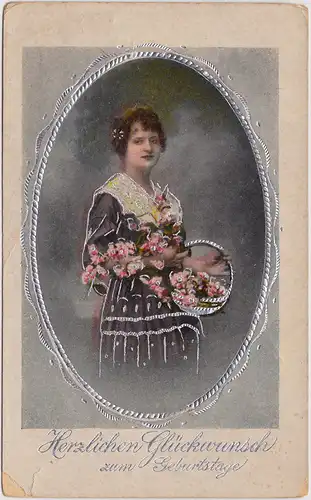 Glückwunsch: Glückwunsch zum Geburtstag: Frau mit Blumen - Silberrand 1923