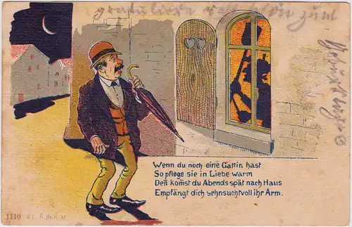  Scherzkarte: Gattin wartet, kommst spät nach Haus Ansichtskarte 1905