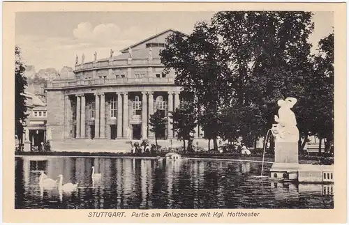 Ansichtskarte Stuttgart Partie am Anlagensee mit Kgl. Hoftheater 1923