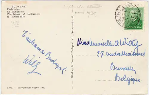 Budapest Parlament (Országház) Ansichtskarte Postcard Magyar  1935