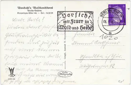 Dahlem-Berlin Wundahls Waldkonditorei - Kronprinzen Allee 146 1943