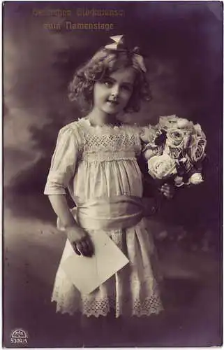 Junges Mädchen mit BLUMEN Herzlichen Glückwunsch zum Namenstage 1915