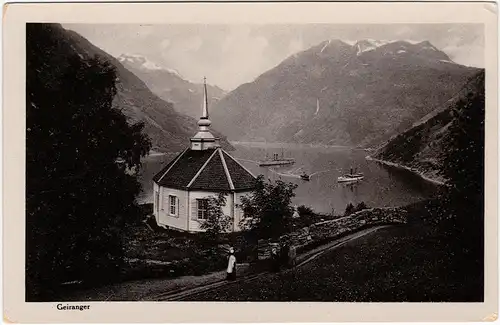 Geiranger  Kappelle und Dampfer im Fjord  More und Romsdal Norge Norway 1926