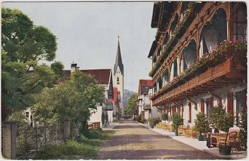 Oberstdorf (Allgäu) Kirchstraße mit Löwen-Dependance 1918