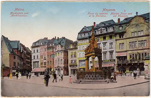 Ansichtskarte Mainz Marktplatz, Marktbrunnen und Geschäfte 1922