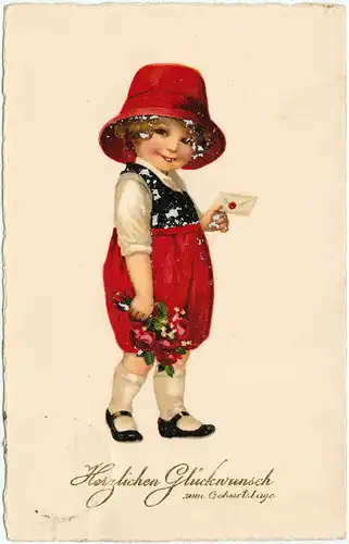Glückwunsch Geburtstag kleines Mädchen mit Brief und Blumen mit roten Hut 1926