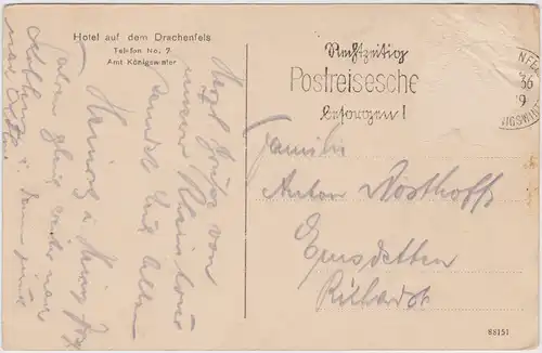 Ansichtskarte Königswinter Hotel auf dem Drachenfels 1928