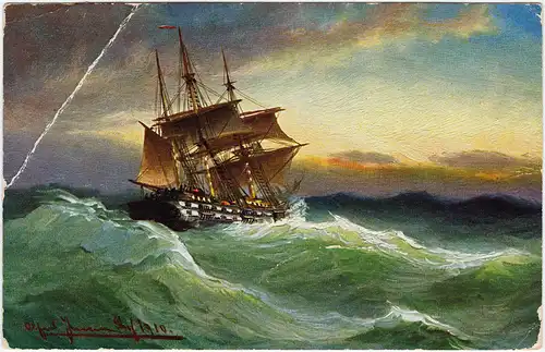 Segelschiff auf rauher See, Künstlerkarte Ansichtskarte 1910