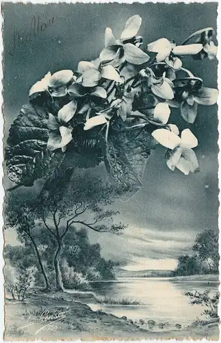 See mit Blumen Ansichtskarte Künstlerkarte  1921