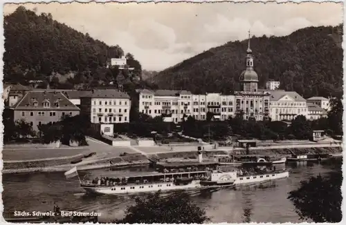 Foto Ansichtskarte Bad Schandau Panorama mit Elbdampfer 1958