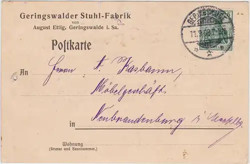 Reklame&Werbung: Geringswalder Stuhl-Fabrik v. August Ettig 1909