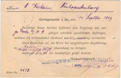 Reklame&Werbung: Geringswalder Stuhl-Fabrik v. August Ettig 1909