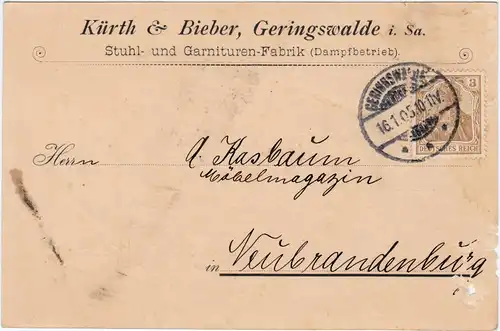 Reklame Werbung: Kürth & Bieberm Geringswalde Stuhl Garnituren Fabrik 1905