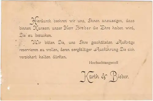 Reklame Werbung: Kürth & Bieberm Geringswalde Stuhl Garnituren Fabrik 1905