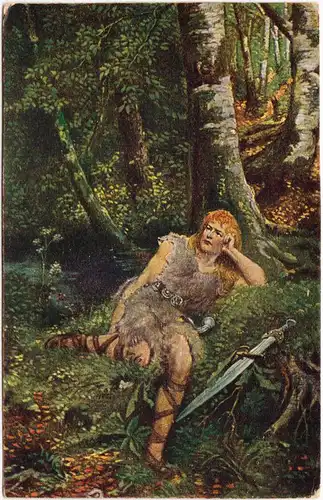 Gemälde: Bild  Künstlerkarte Siegfrieden, II. Aufzug (Waldweben) Frau 1914