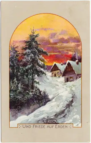 Künstlerkarte: Ansichtskarte  Und Friede auf Erden - Winterpartie im Dorf 1922