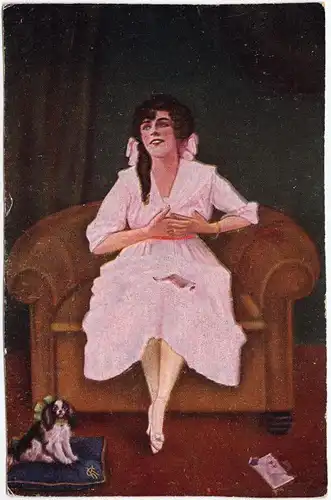 Künstlerkarte:  M. Schartner: Junge Frau im Sessel - Hund 1914