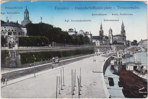 Altstadt Dresden Drježdźany  Brühlsche Terrasse mit Bootsanlegestelle 1913