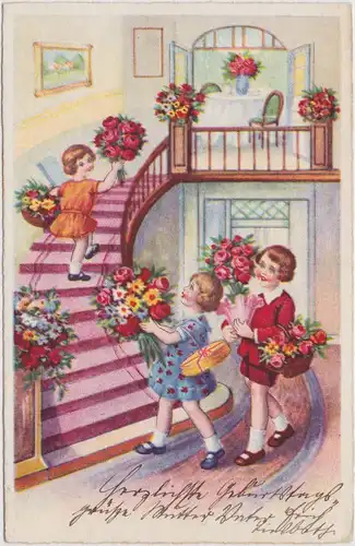 Glückwunsch: Mädchen mit Geschenken und Blumen 1940