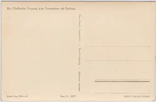 Bad Gottleuba-Berggießhübel Eingang zum Sanatorium mit Kurhaus 1962