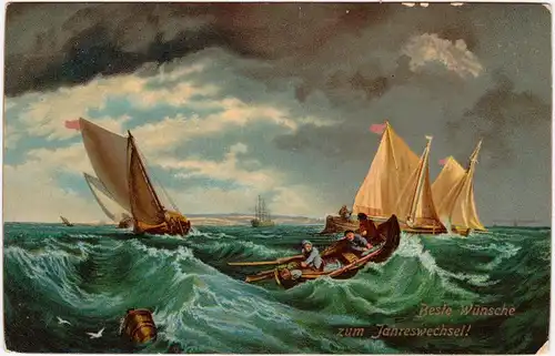 Fisching Boats in a stiff Breeeze - Künstlerkarte  -  Neujahr  1913