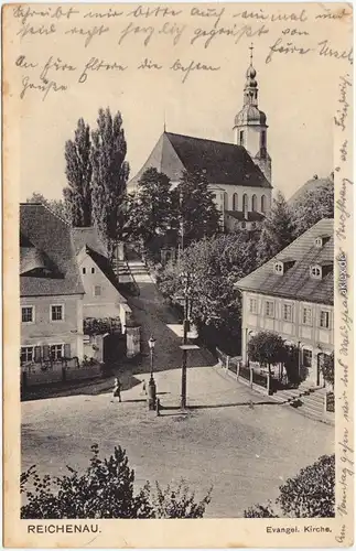 Reichenau in Sachsen Bogatynia Straßenpartie mit evangelischer Kirche 1933
