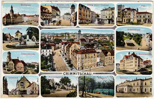 Crimmitschau Mehrbild: Bahnhof, Panorama, Schule 1916