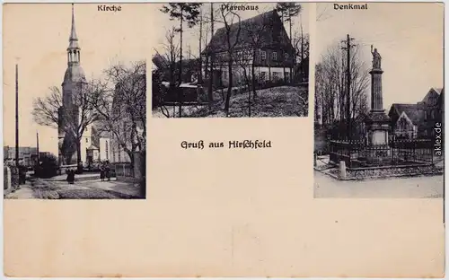 Hirschfeld  3 Bild: Kirche Pfarrhaus und Denkmal Schraden Plessa Ortrand 1912