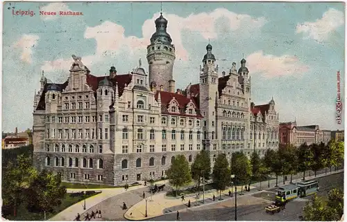 Leipzig Straßenpartie am Neuen Rathaus Ansichtskarte 1910
