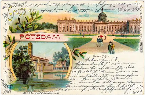 Potsdam 2 Bild Litho: Neues Palais und Friedenskirche Mausoleum 1905