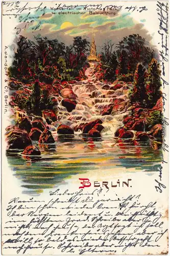Friedrichshain-Kreuzberg-Berlin Wasserfall Viktoria bei elektrischer Beleuchtung 1906