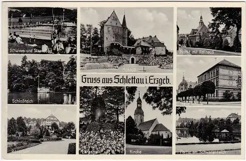 Schlettau Mehrbildkarte: Schwimmbad, Kirche, Denkmal  1932