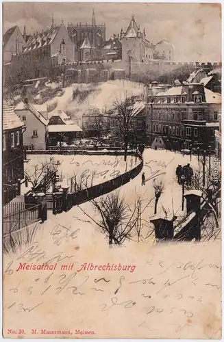 Meißen Straßenpartie im Meisathal mit Albrechtsburg im Winter 1900