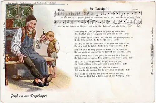 Liedkarten: Liedkarte, Opa und Enkel vor dem Ofen - Erzgebirge 1913