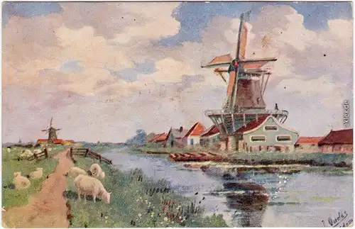 Künstlerkarte:  Windmühle und Schaafe 1917