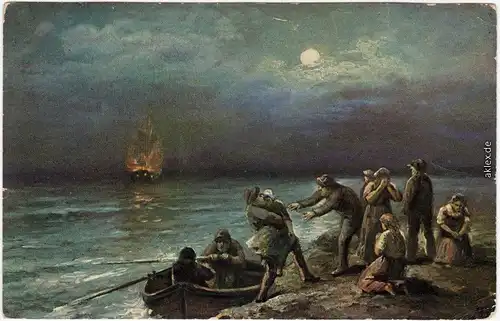 Künstlerkarte: Brennendes Schiff, Gestrandete Menschen mit Rettungsboot 1916