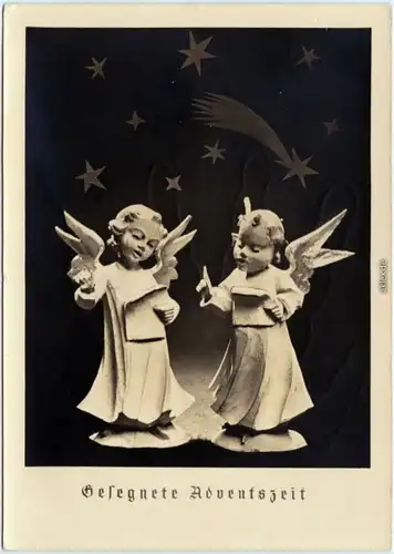 Gesegnete Adventszeit - Engelfiguren  Foto Ansichtskarte 1955