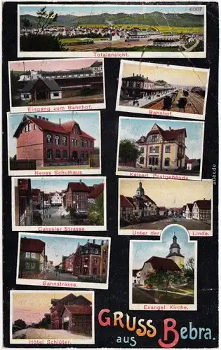 Bebra Mehrbild: Hotel, Casseler Straße, Neues Schulhaus, Postamt und Bahnhof 1911