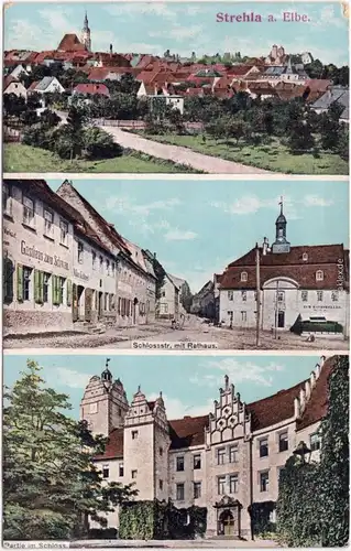Strehla (Elbe) 3 Bild: Schloß, Schloßstraße und Panorama 1915