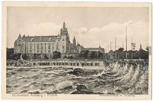 Ansichtskarte Kolberg Kołobrzeg Seebrücke und Strandschloß Pommern 1923
