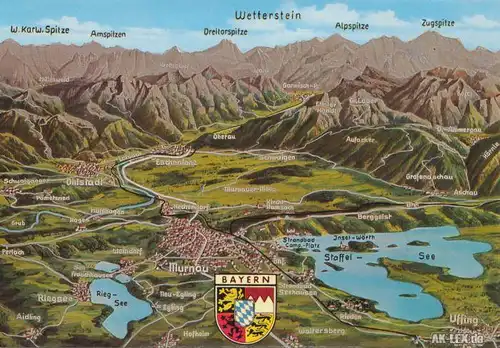 Ansichtskarte Landkarte Murnau Wetterstein Staffelsee Riegsee bis Garmisch
