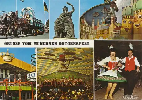 Ansichtskarte München Oktoberfest: Innenansichten Bierzelte, Trachtengruppe 1988