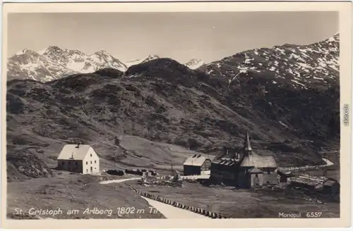 St. Christoph am Arlberg Stadt mit Gasthaus und Kirche b Landeck Tirol  1930