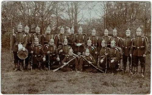 Lockstedter Lager Soldaten, Pickelhauben, Trommel Gewehr Privatfotokarte 1908