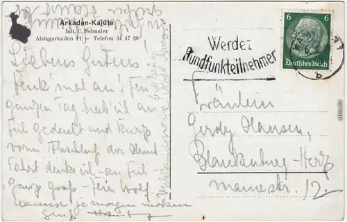 Hamburg Arkaden Kajüte Alsterarkaden innen Ansichtskarte 1933